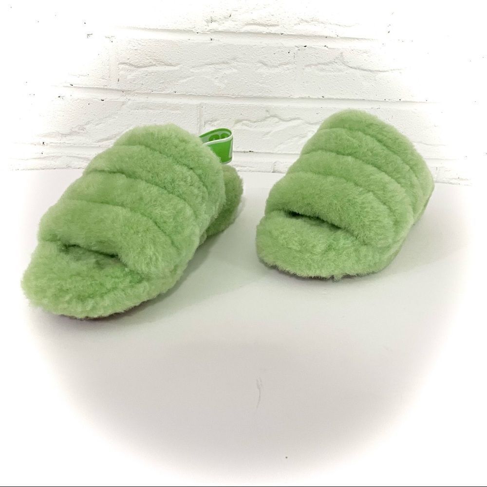 UGG Fluff Yeah Apple Green Fuzzy Slides Women’s Size 5